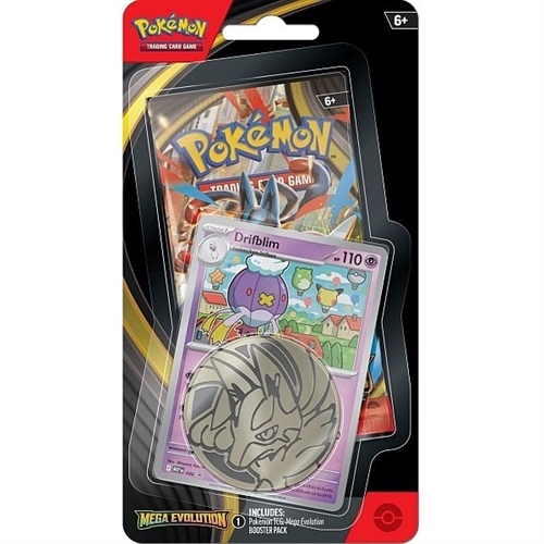 Pokémon Checklane Blister featuring Drifblim, includes one booster pack, a foil promo card, and a Pokémon coin